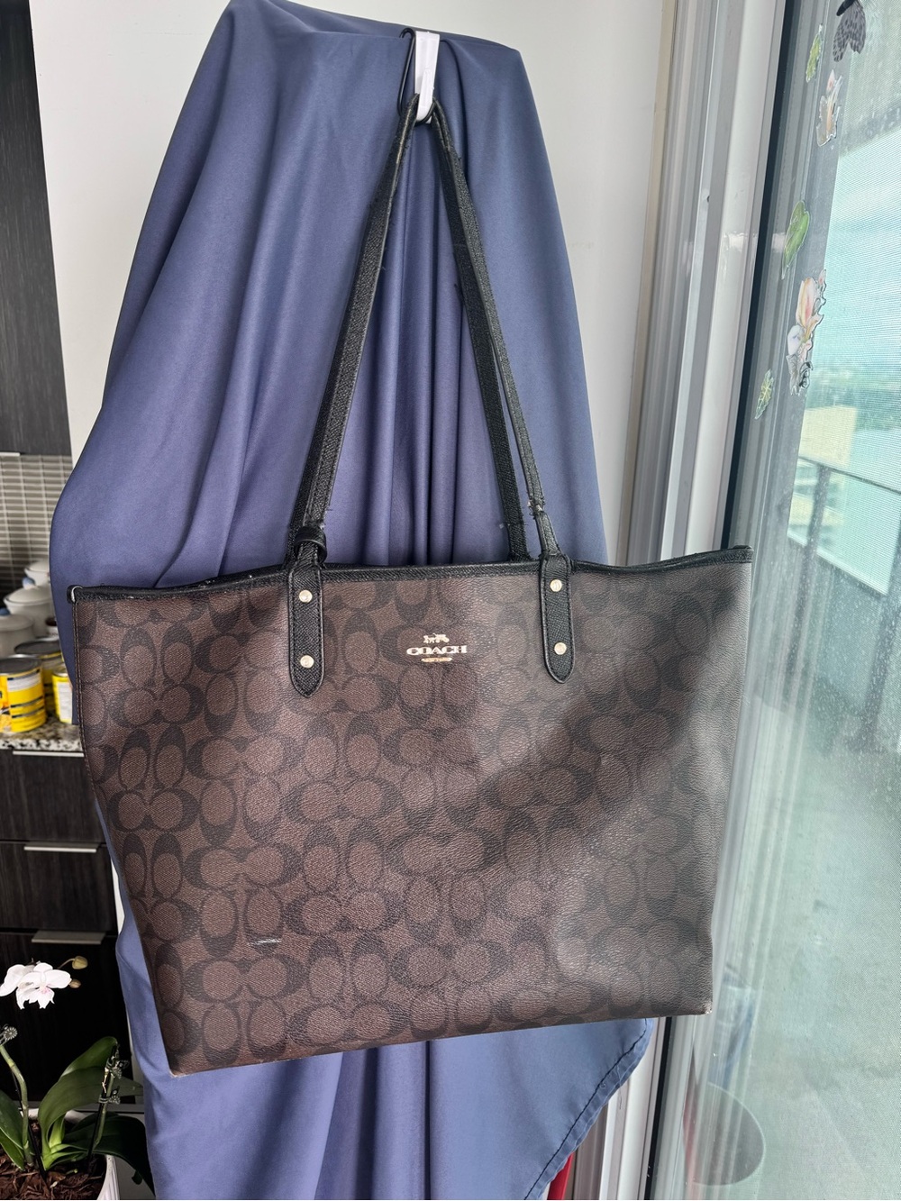 Coach Brown Signature Reversible Tote Bag with damaged handles